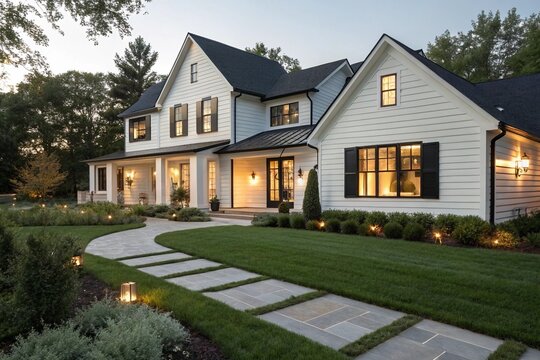 Modern farmhouse exterior with white siding, black window frames, and a front yard garden. Suburban house design with a paved pathway and outdoor lights.