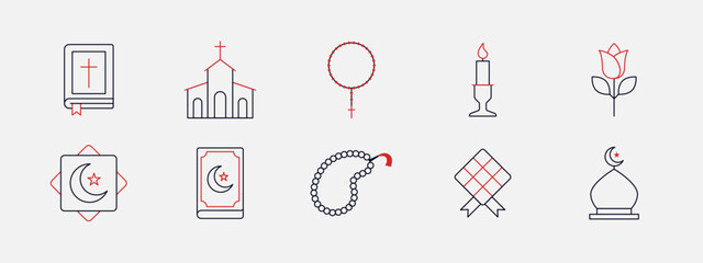 Religion icon set. Outline icon concept. Religion symbols related vector line icons