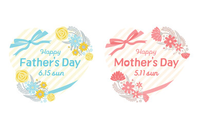 父の日と母の日のハート型の花フレームイラストセット:ギフトバナーイメージのリボンやバラ、カーネーションのあしらい