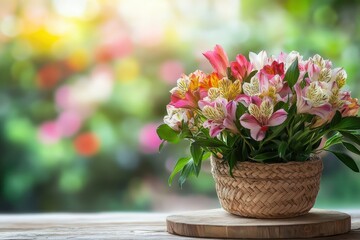 Vibrant alstroemeria flowers in a woven basket, bathed in sunlight.