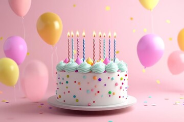 Festive Birthday Cake with Candles, Balloons, and Confetti on Pink Background