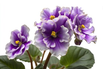Blooming African Violet Plant with Purple and White Flowers Isolated