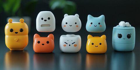 Cute 3D icons of AI powered care tools with adorable expressions, featuring various animal like designs in vibrant colors. These charming characters evoke sense of joy and playfulness