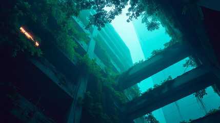 Abandoned building overgrown with plants nature reclaiming architecture urban decay post apocalyptic landscape