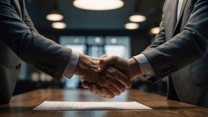 Deal Agreement: A dynamic image of a professional agreement between two business individuals, sealed with a firm handshake, embodying partnership and the promise of success.
