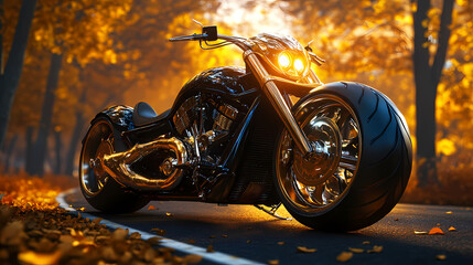 Obraz premium Golden Ride: A black custom motorcycle showcases elegant golden details while speeding down an autumn road. The photograph perfectly captures the essence of luxury and adventure.