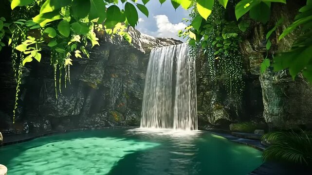 Serene waterfall cascading into a tranquil pool surrounded by lush greenery and sunlight filtering through