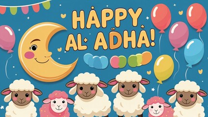 Happy Eid al-Adha! Festive Illustration with Sheep and Balloons