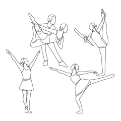 Continuous line drawing art of beautiful woman ballerina dancer show. Vector illustration line sketch of artistic ballet dance. One single line image of young beauty woman on tutu, classic, elegant