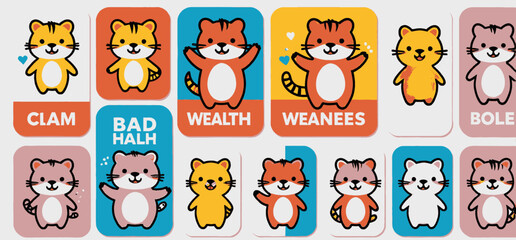 Fototapeta premium Cute Cartoon Animal Card Collection Clam Bad_Halh Wealth Weanees Biie Bole_Adorable Illustrated Characters_Funny Animal Game_Educational Cards for Kids