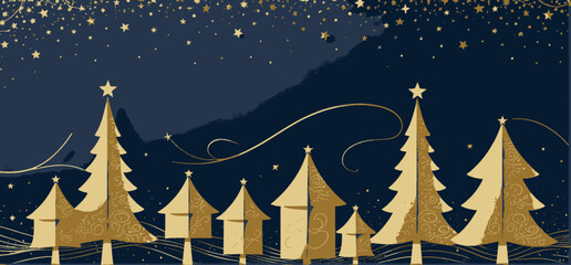 Fototapeta premium Elegant Gold Christmas Trees on Navy Background with Sparkling Stars Festive Holiday Scene for Cards Wallpapers and Decorations Christmas_Theme