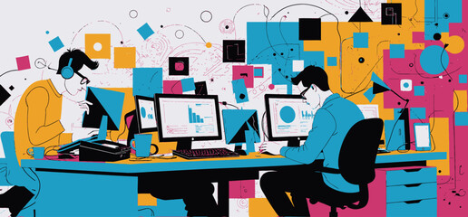 Fototapeta premium Teamwork_in_Data_Analysis_Illustration_of_Two_Analysts_Working_Together_with_Data_Visualizations_and_Abstract_Art_Elements_in_a_Modern_Office_Setting