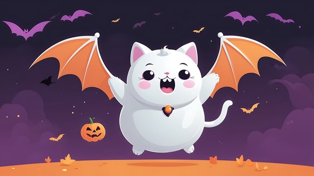 Chubby ghost cat with tiny bat wings, floating happily, Halloween vector illustration