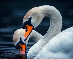 Fototapeta premium A close-up of two swans facing each other on the water, their heads tilted towards one another as if having a conversation. The background is dark and blurred to focus attention on them. They have whi