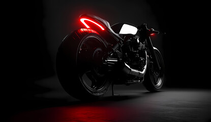 The Enigmatic Ride: A sleek motorcycle silhouette emerges from the shadows, with a mesmerizing red light defining its dynamic form and a promise of speed and adventure.