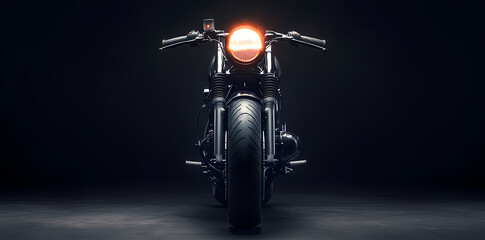 Motorcycle's Glimmering Headlamp: A striking motorcycle with its luminous headlamp, radiating strength and style, captured against a black background, a beacon of adventure and the open road.