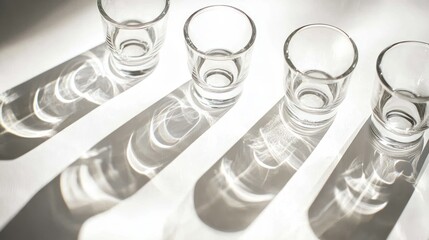 Four clear shot glasses casting long shadows on a light surface.