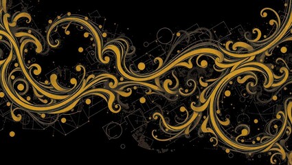 Ornate gold swirls on a black background with geometric shapes