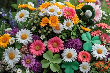 Vibrant Floral Collection Featuring Daisies, Clovers, and Garden Arrangements