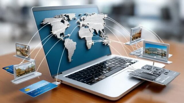 Global Connection: A laptop displays a vibrant map, interconnected with images on other devices, alongside a credit card, depicting a seamless, digital world of global commerce.