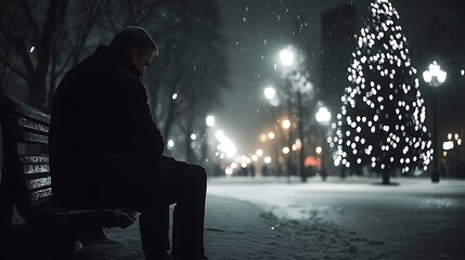 Lonely man sits on bench, snow falling, Christmas tree lights.