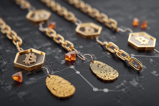 A futuristic design featuring gold chains with Bitcoin symbols and fingerprint charms against a dark, technological background.