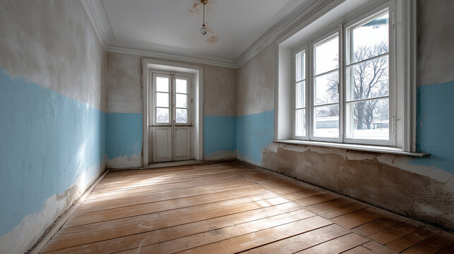 Leerer Altbau-Raum mit Parkett, hohen Fenstern und zweifarbig gestrichenen W&auml;nden zur Renovierung