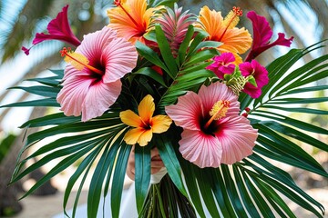 Tropical Flower Bouquet with Hibiscus and Palm Leaves for Vibrant Wedding Decorations