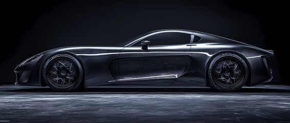 Fototapeta premium Sleek and Shadowy: A powerful, black sports car rests on a dark background, radiating an aura of sophistication and speed.