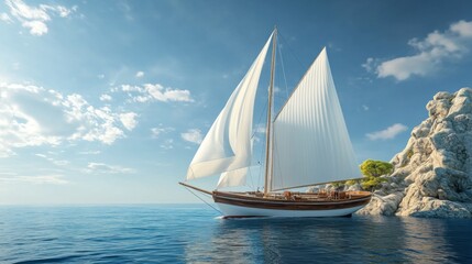 Fototapeta premium A serene sailboat gliding through calm waters near a rocky shore under a bright sky.