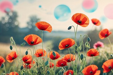Fototapeta premium Brilliant Red Poppy Flowers Swaying in a Warm Summer Garden Party Against a Luminous Cream Blurred Countryside with Accents of Blue and Pink Bokeh