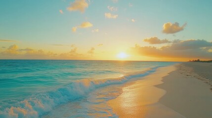 Fototapeta premium Serene beach at sunset with gentle waves and a colorful sky.