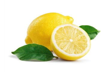 Fresh Lemons Display with Green Leaves on White Background Still Life
