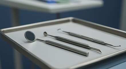 A set of dental tools, including a mirror and probe, ready for patient examination.