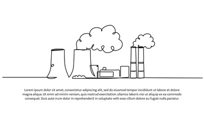Continuous one line design of industrial power plant with emissions. Minimalist style vector illustration on white background.