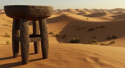 Ancient Carved Wooden Stool in Sahara Desert Landscape: A Masterpiece of Tribal Craftsmanship