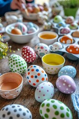 Obraz premium A table with a variety of dyed Easter eggs, some with polka dots, stripes, and flowers. Family members continue to paint and decorate their eggs. The mood is warm and homey