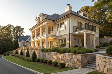 Luxury two-story colonial home with a balcony, stone wall fence, and well-maintained landscape. Exterior home view with sunlight and greenery.