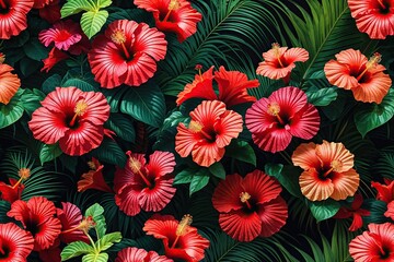 Vibrant Red Hibiscus Floral Pattern: Closer Look at Lush Tropical Garden Design
