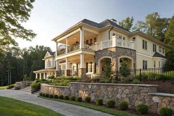 Luxury two-story colonial home with a balcony, stone wall fence, and well-maintained landscape. Exterior home view with sunlight and greenery.