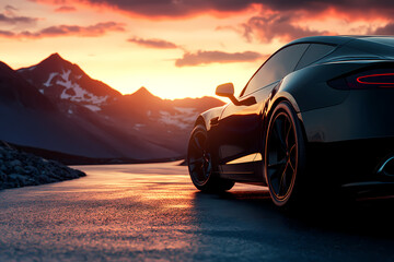 Naklejka premium Sports Car at Sunset: A sleek black sports car, parked on a winding mountain road, basks in the golden light of a spectacular sunset. The scene evokes a sense of adventure, freedom.