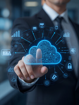 Cloud Computing: Businessman touches cloud computing analyzing graph data storage, scalability, real-time access, cost efficiency, security, collaboration, flexibility, remote accessibility.