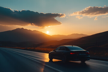 Sunset Drive: A sleek sedan cruises along a picturesque highway, the setting sun casting a warm golden hue across majestic mountains in the background.