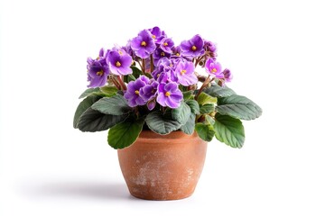 Naklejka premium Blooming African Violet in Terracotta Pot on White Background for Decoration