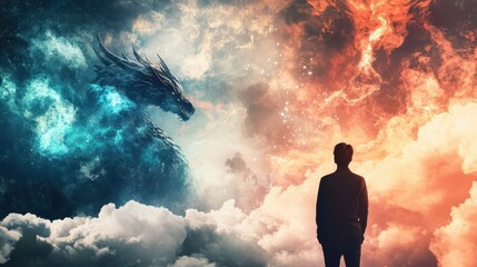 Obraz premium Man Contemplating Celestial Dragon Fantasy Art Dual Skies