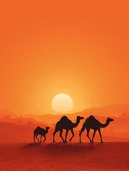 Desert Sunset: Silhouette Camels in Warm Hues