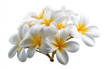 Fototapeta premium Delicate Plumeria Blossoms: A Serene White and Yellow Floral Cluster
