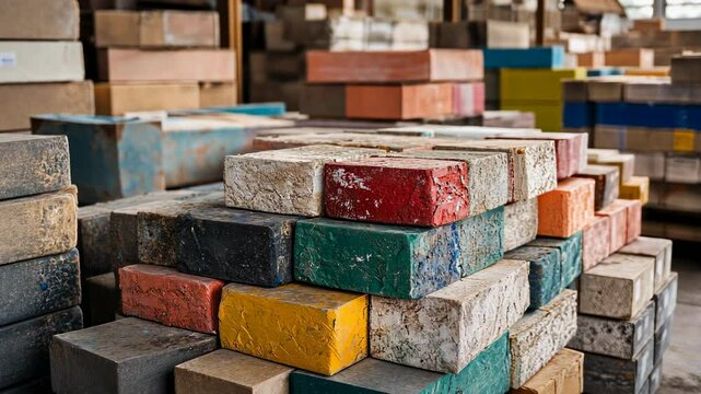 Vibrant stack of colorful bricks in a warehouse