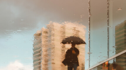 Rainy day city reflection woman with umbrella urban scene cityscape weather wet season abstract art