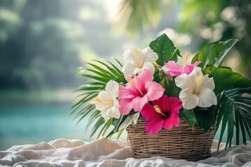 Vibrant hibiscus blossoms in a wicker basket, bathed in sunlight.